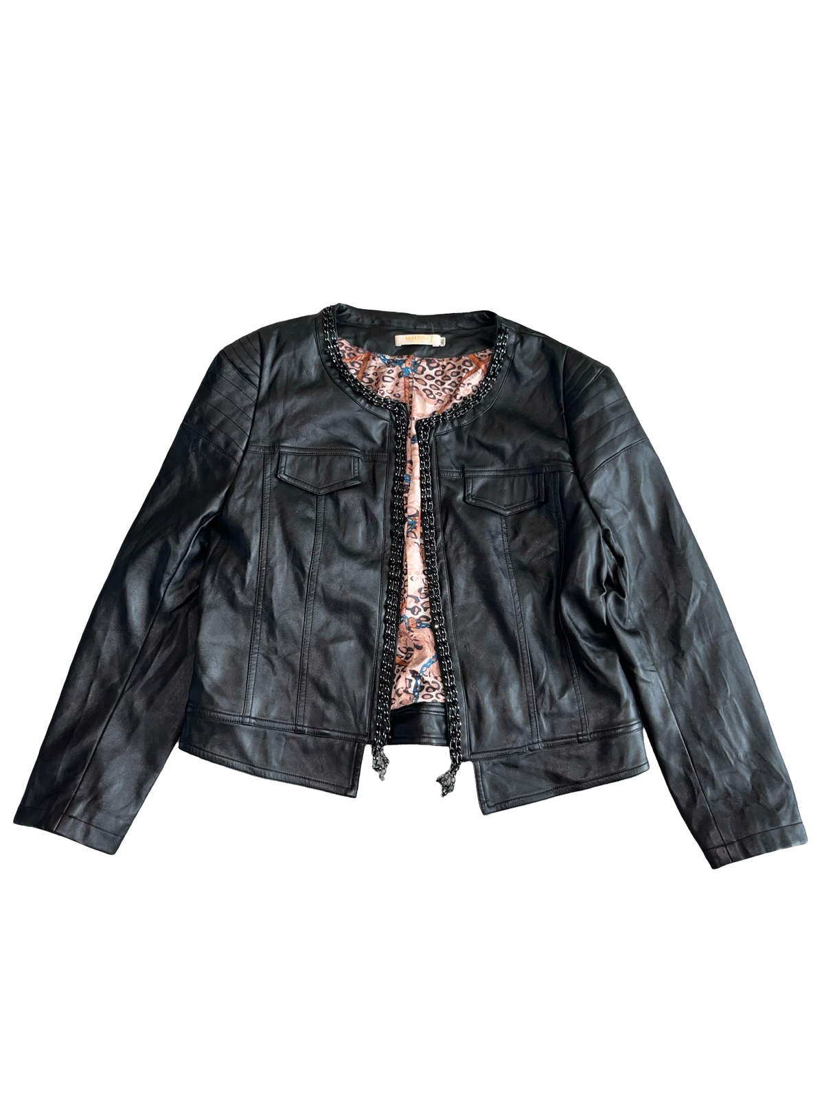 Y2K Malissa J Black real Leather Chain Trim Jacket Size M