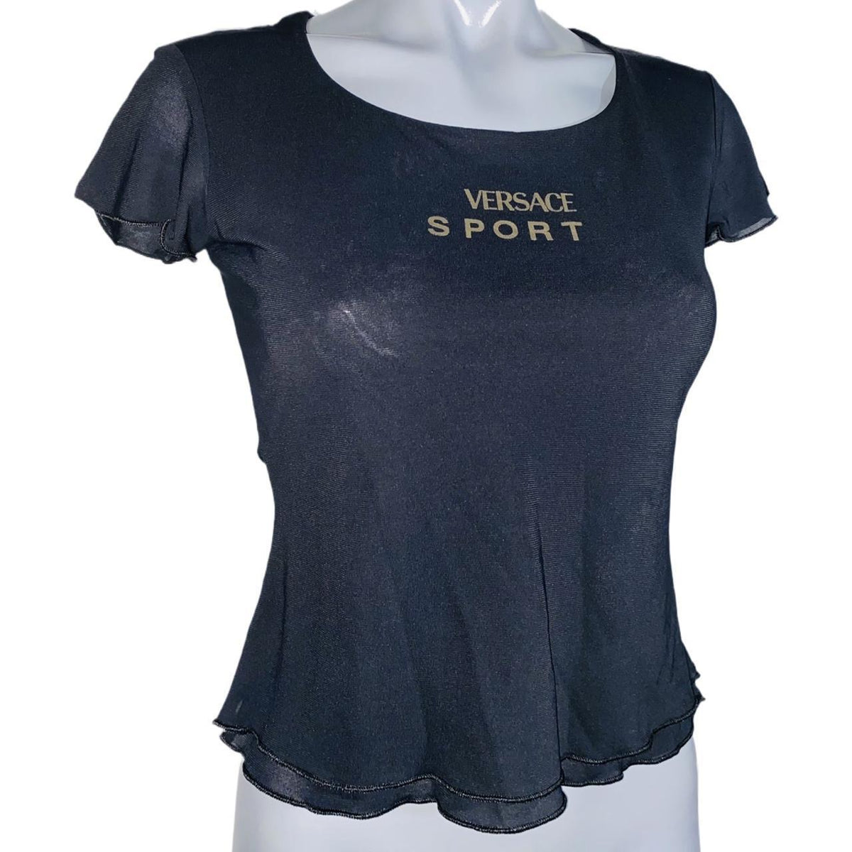 Versace Sport black ruffle short sleeve top double lined uk XS