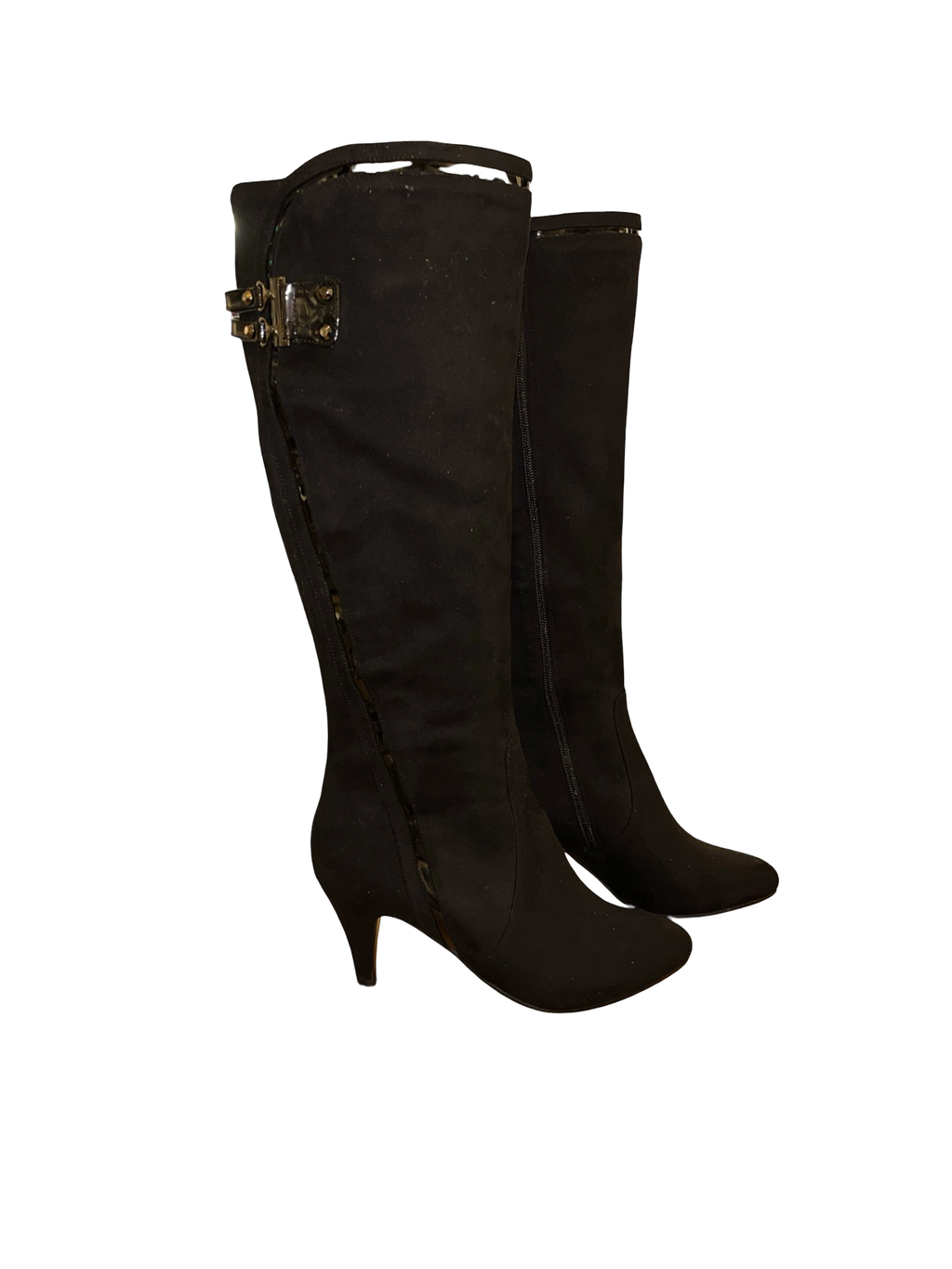 Y2K Black Knee High Heeled Boots Leopard Print uk5.5