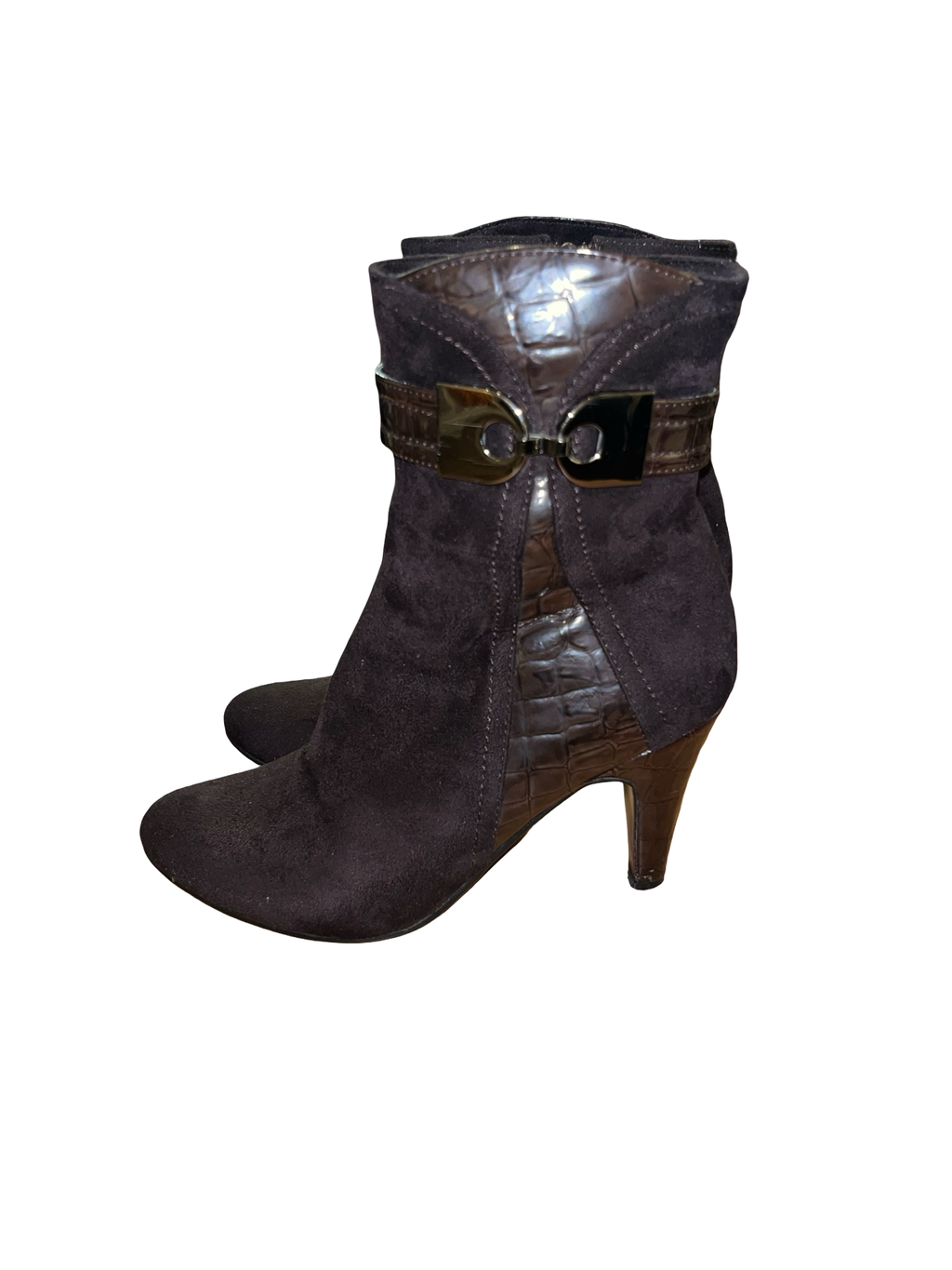 Lunar Brown Faux Suede Croc Detail Ankle Boots Heels UK 4 Y2K