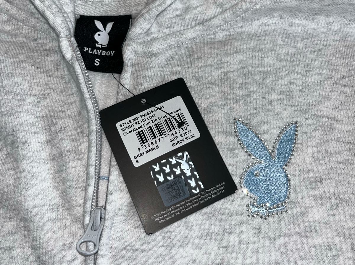 Playboy Grey Rhinestone Logo Cropped Hoodie – Size S BNWT