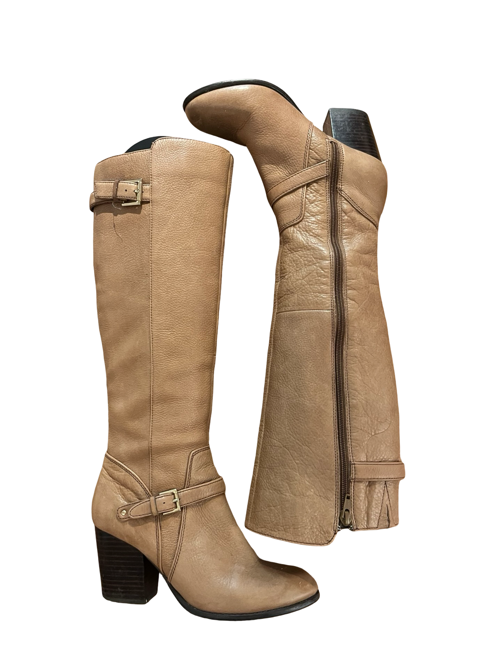 Tan Leather Knee High Heeled Boots Buckle Detail Y2K uk4
