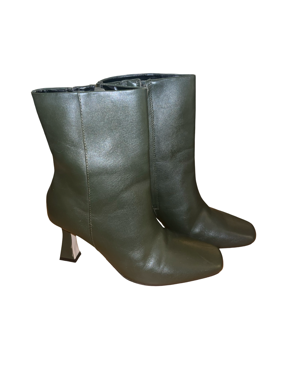 Khaki Green Square Toe Ankle Boots Size 4 Y2K Kitten Heel