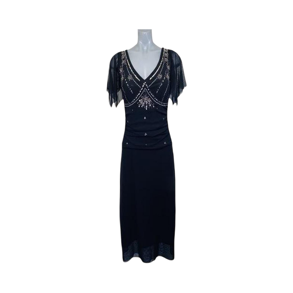 Black sheer chiffon sequin embellished Oasis evening dress uk14