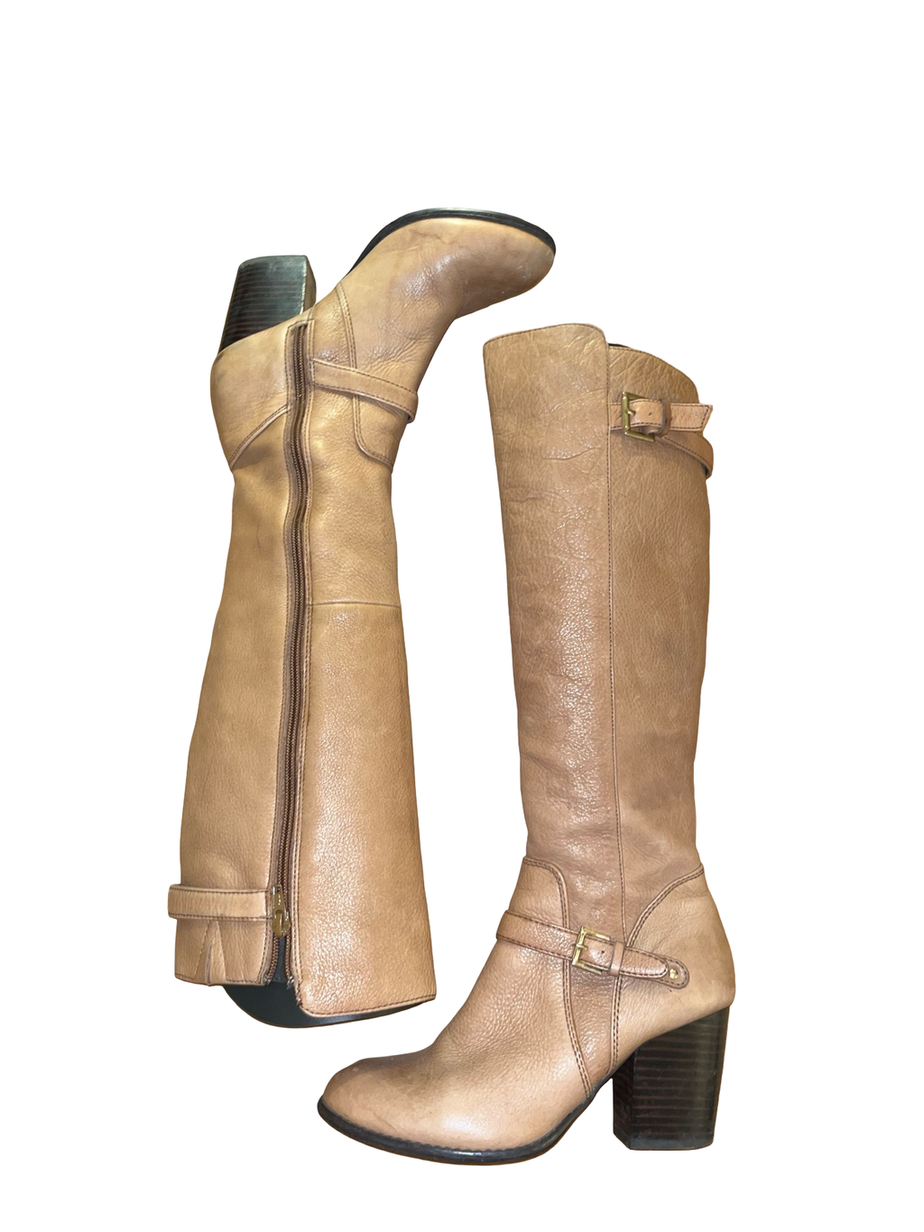 Tan Leather Knee High Heeled Boots Buckle Detail Y2K uk4