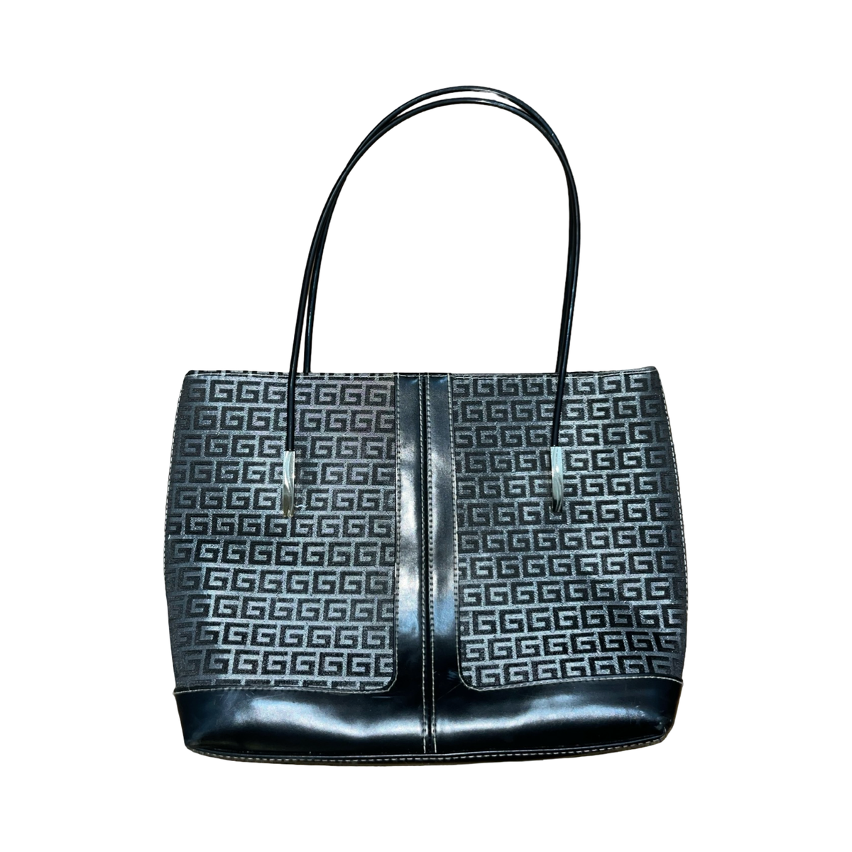 G silver and black print woman’s handbag