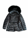 Karen Millen Black Belted Puffer Jacket Faux Fur Hood Size UK 12