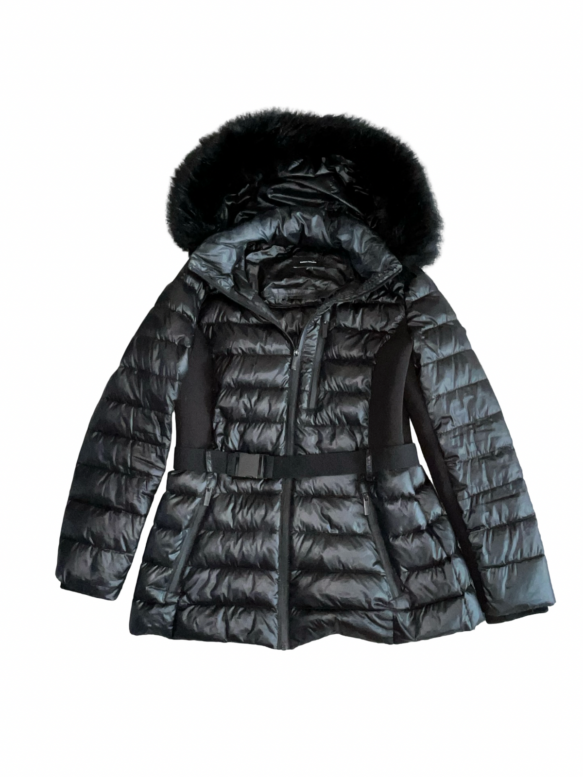 Karen Millen Black Belted Puffer Jacket Faux Fur Hood Size UK 12