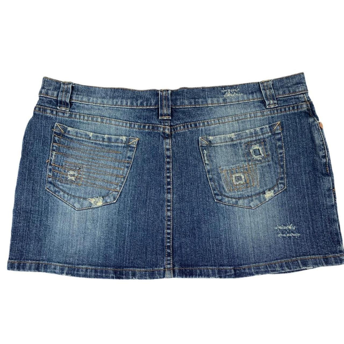 Blue y2k new look denim mini skirt with distressed patches uk14