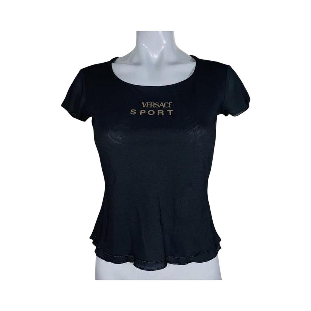 Versace Sport black ruffle short sleeve top double lined uk XS