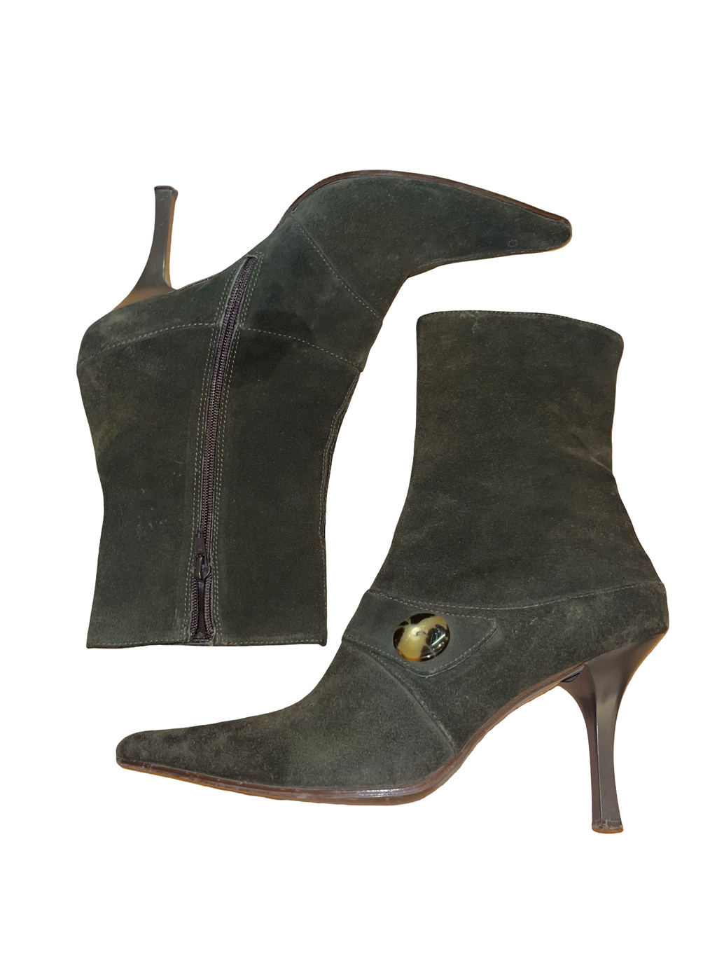 Vintage Y2K Olive Green Suede Stiletto Ankle Boots Size 6.5