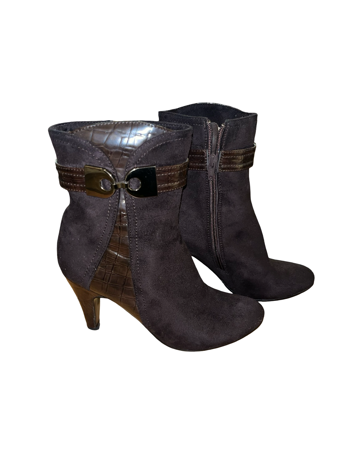 Lunar Brown Faux Suede Croc Detail Ankle Boots Heels UK 4 Y2K