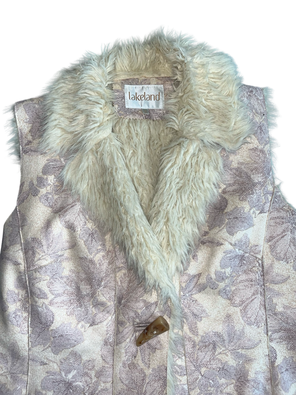 Lakeland Y2K Floral Brocade Faux Fur Trim Gilet Waistcoat Size 12