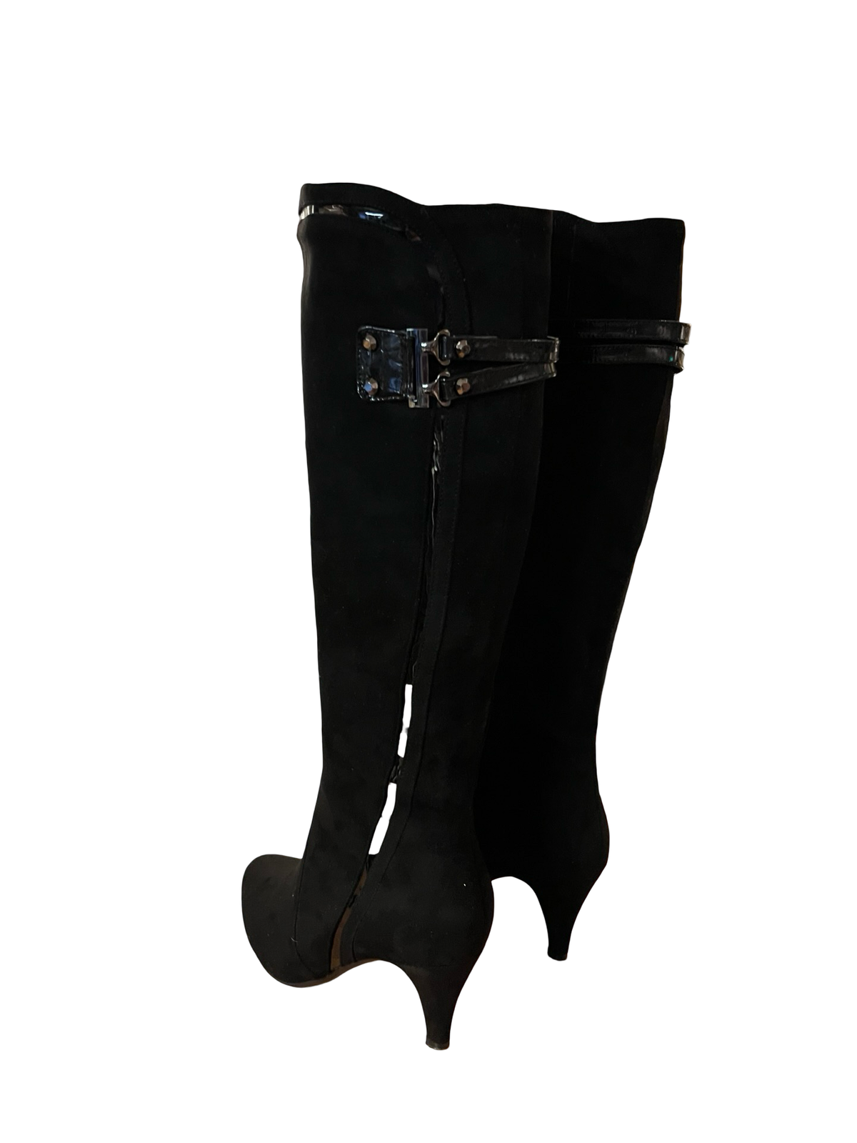 Y2K Black Knee High Heeled Boots Leopard Print uk5.5