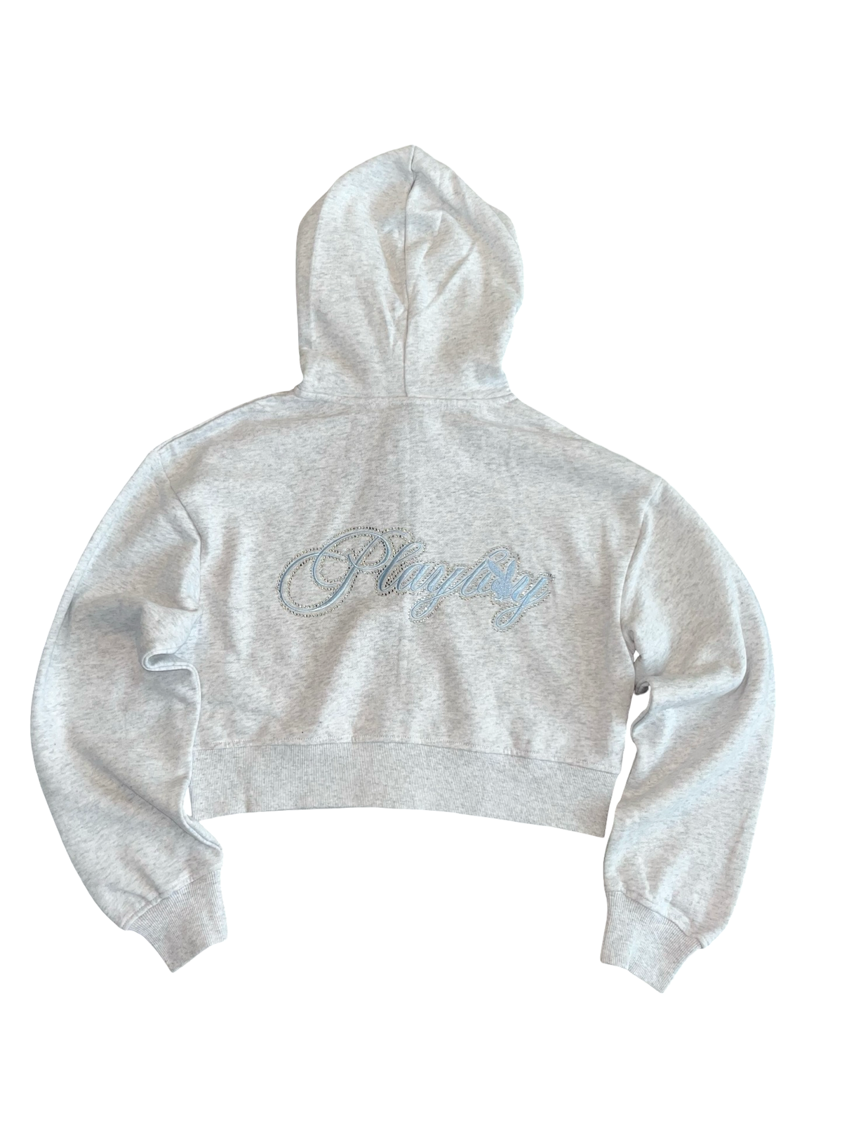 Playboy Grey Rhinestone Logo Cropped Hoodie – Size S BNWT