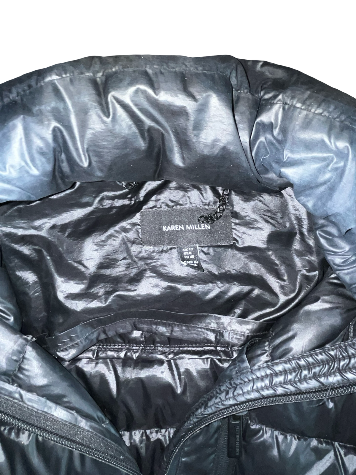 Karen Millen Black Belted Puffer Jacket Faux Fur Hood Size UK 12