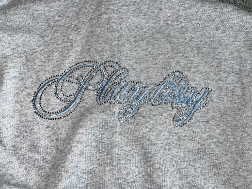 Playboy Grey Rhinestone Logo Cropped Hoodie – Size S BNWT