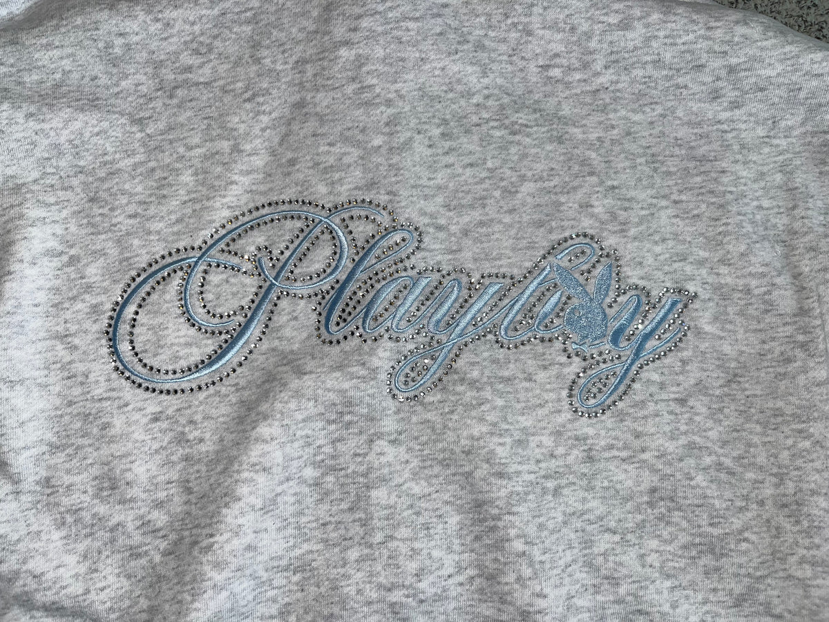 Playboy Grey Rhinestone Logo Cropped Hoodie – Size S BNWT