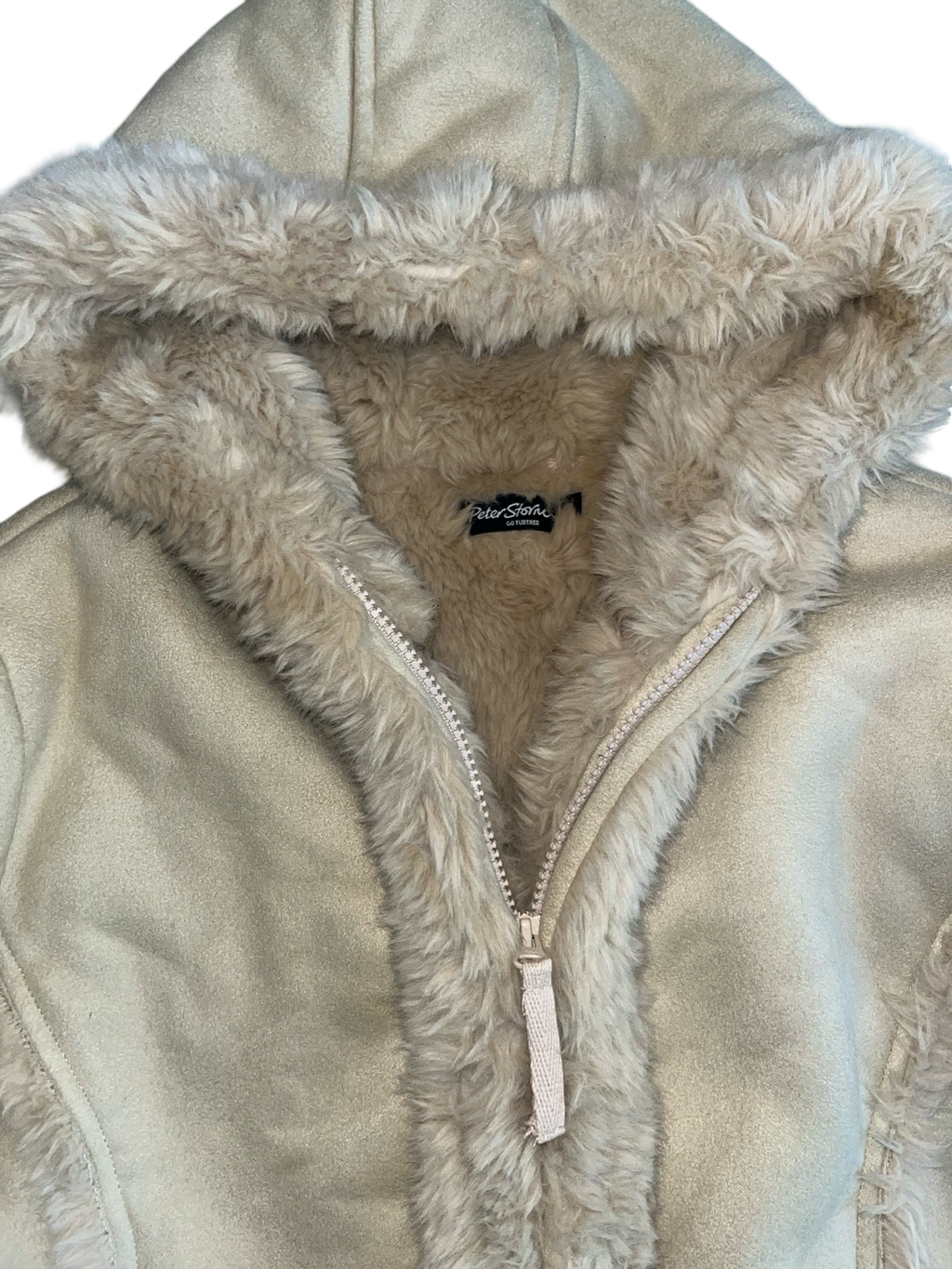 Vintage Peter Storm Cream Faux Suede Sherpa Hooded Long Coat | uk16