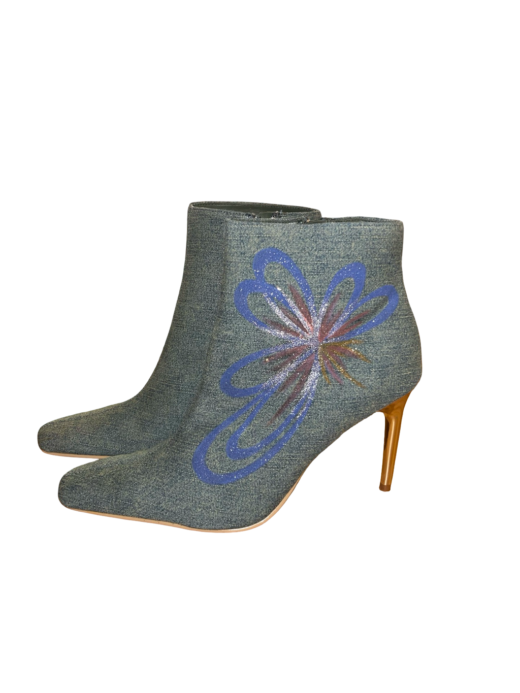 Y2K Denim Floral Ankle Boots Gold Stiletto Heels