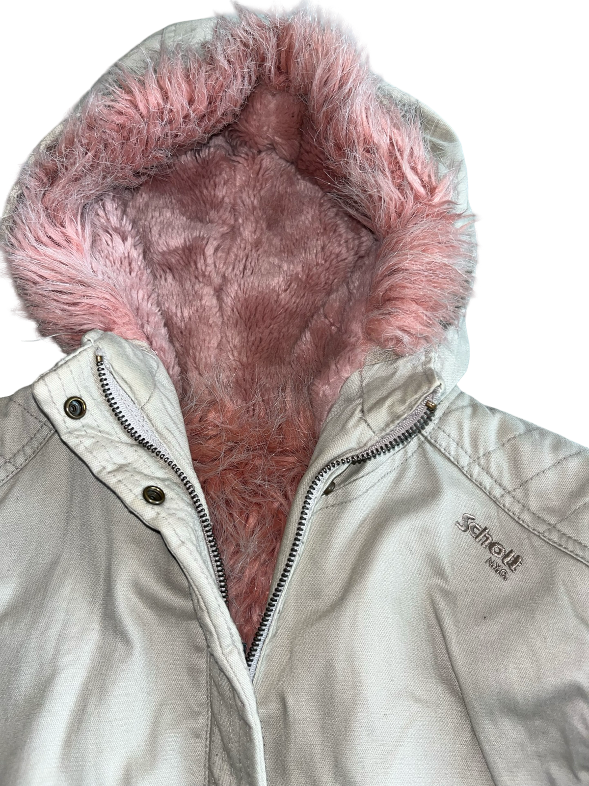 Schott NYC Y2K Cream Pink Faux Fur Hooded Jacket 10/12