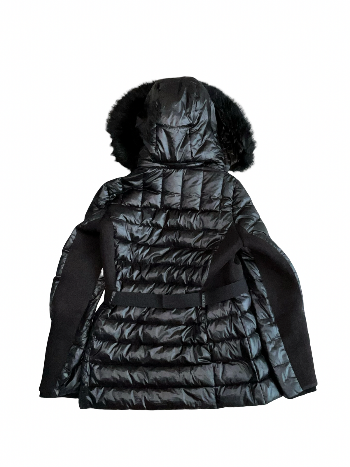 Karen Millen Black Belted Puffer Jacket Faux Fur Hood Size UK 12