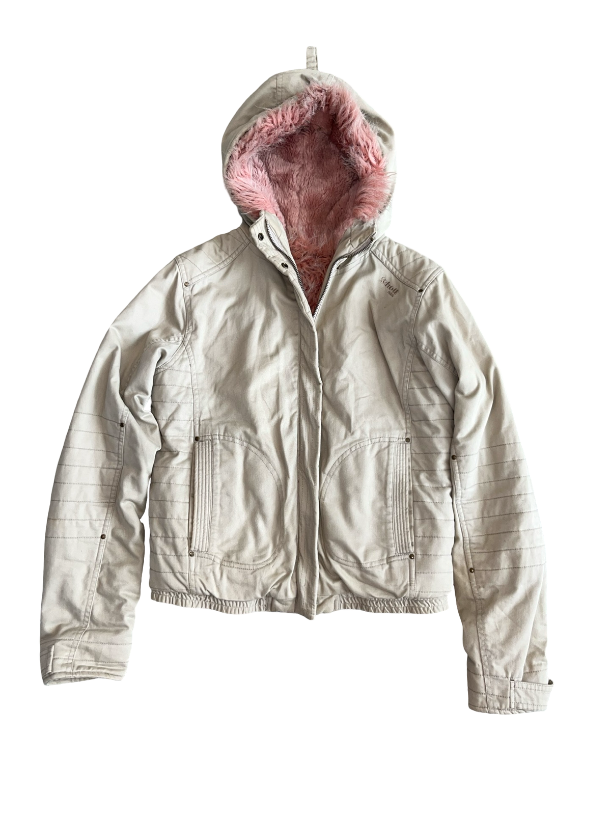 Schott NYC Y2K Cream Pink Faux Fur Hooded Jacket 10/12
