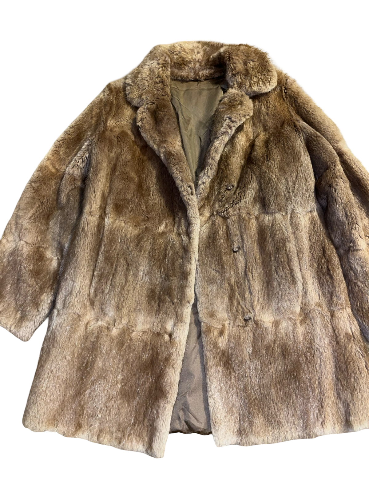 Vintage Real Fur Long Coat Brown Beige Belted 70s 80s