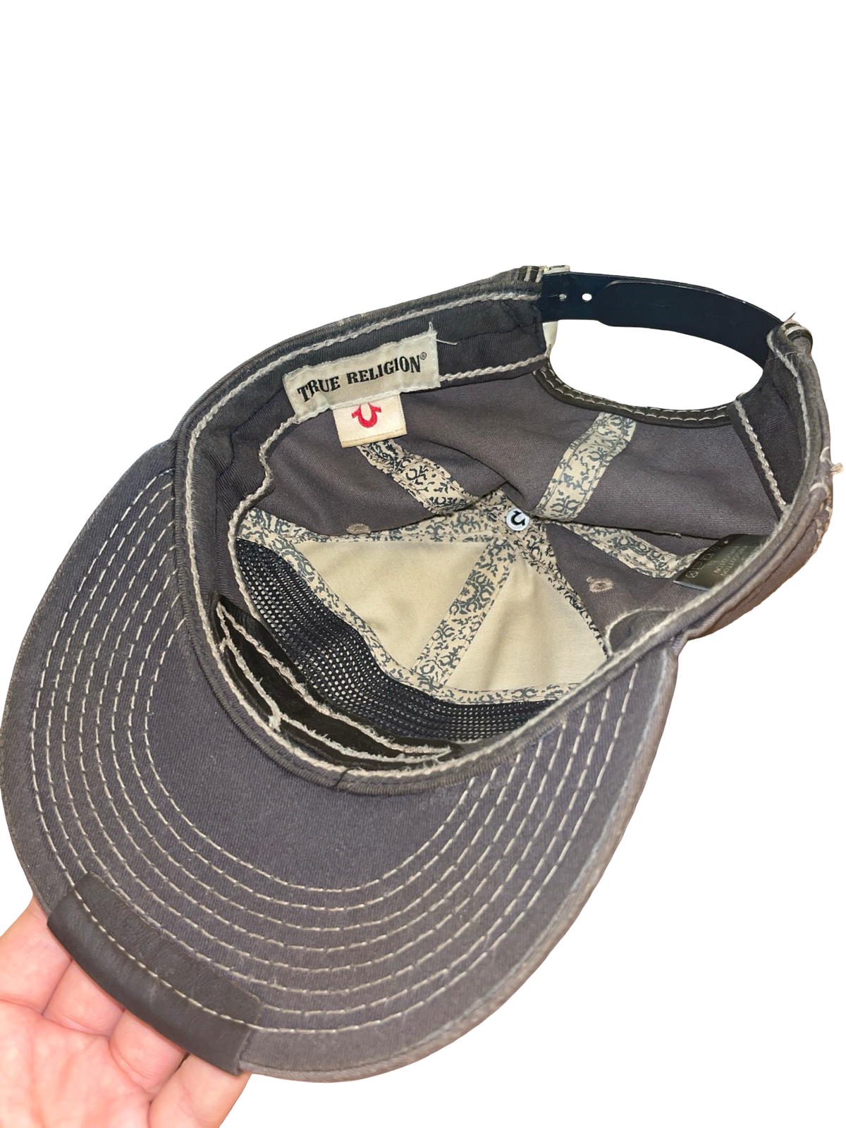 True Religion Distressed Grey Logo Baseball Cap