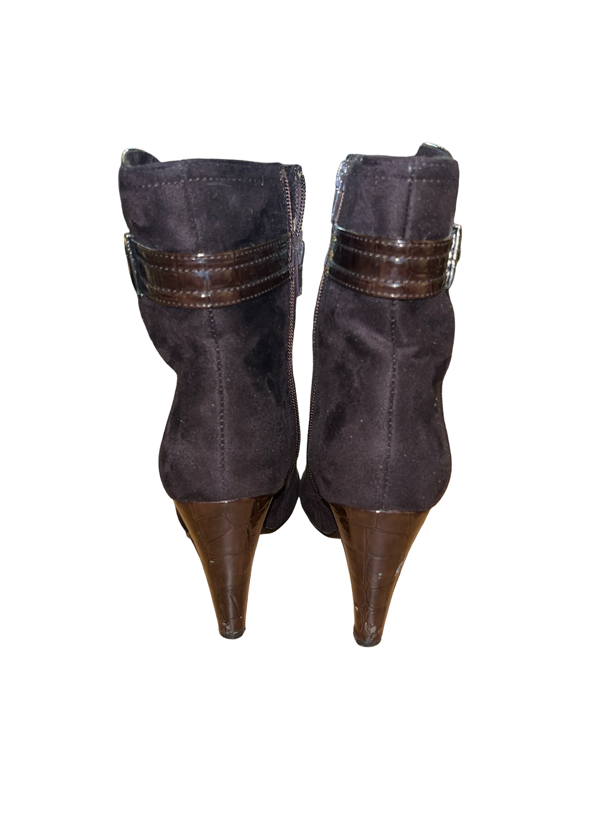 Lunar Brown Faux Suede Croc Detail Ankle Boots Heels UK 4 Y2K
