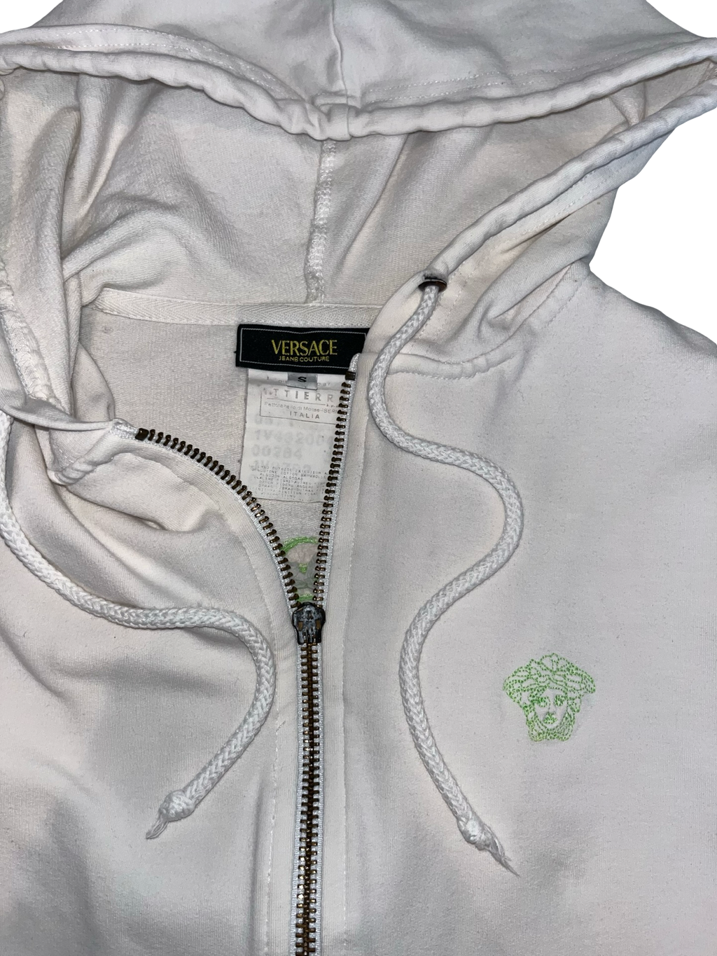 Versace Jeans Couture White Zip Up Hoodie Green Logo Y2K Size S