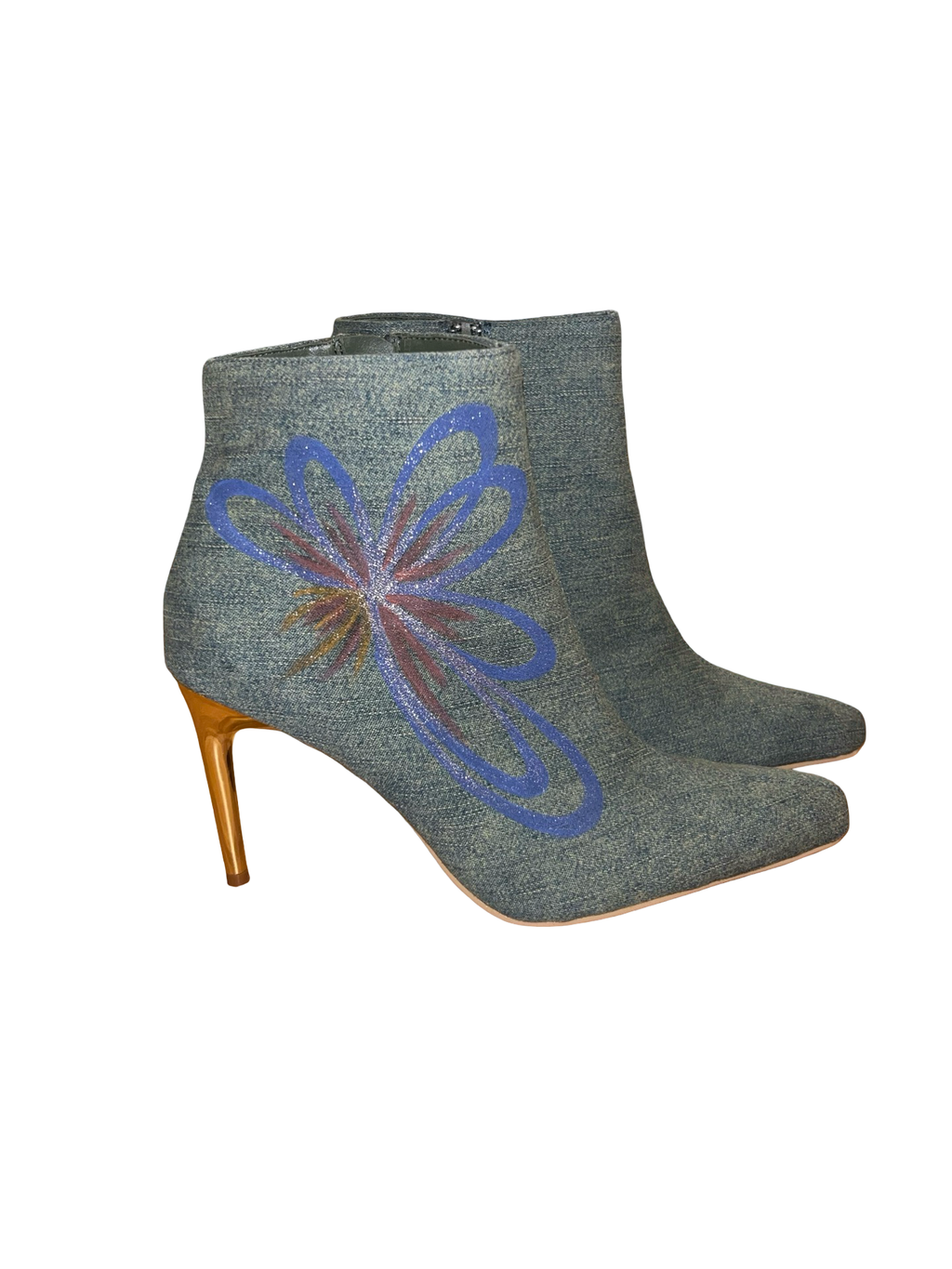 Y2K Denim Floral Ankle Boots Gold Stiletto Heels