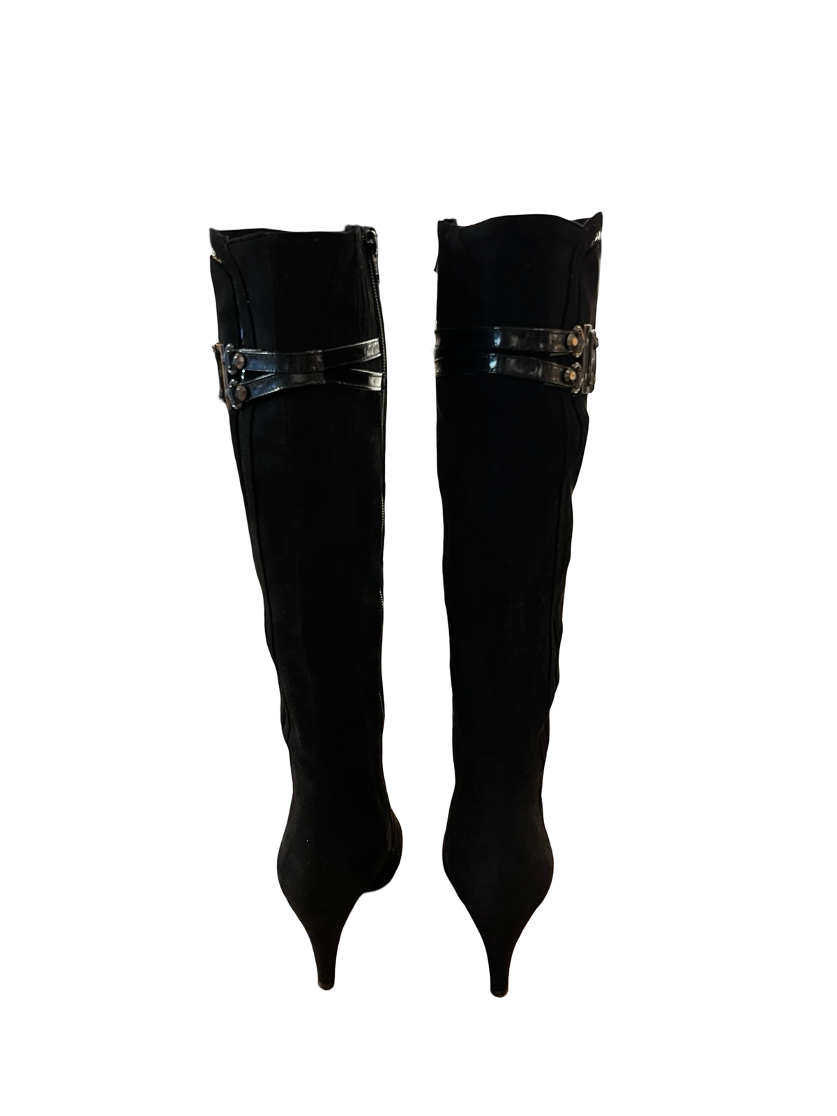 Y2K Black Knee High Heeled Boots Leopard Print uk5.5