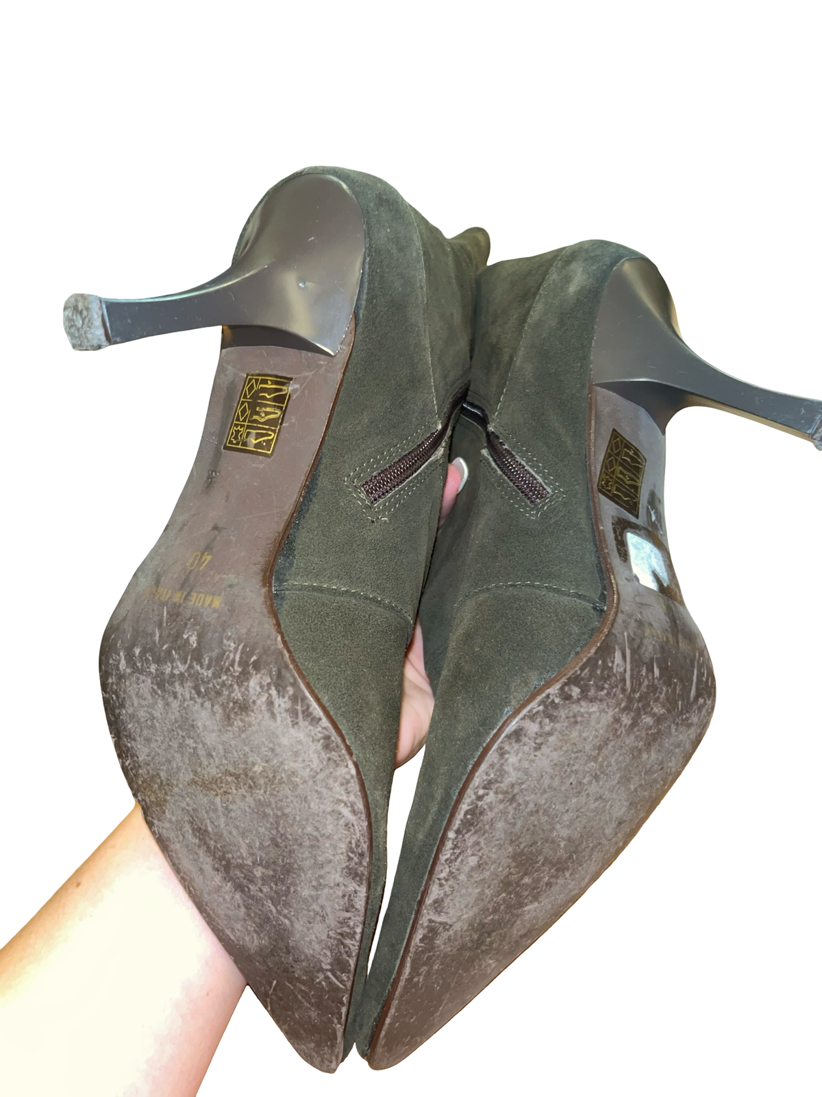 Vintage Y2K Olive Green Suede Stiletto Ankle Boots Size 6.5