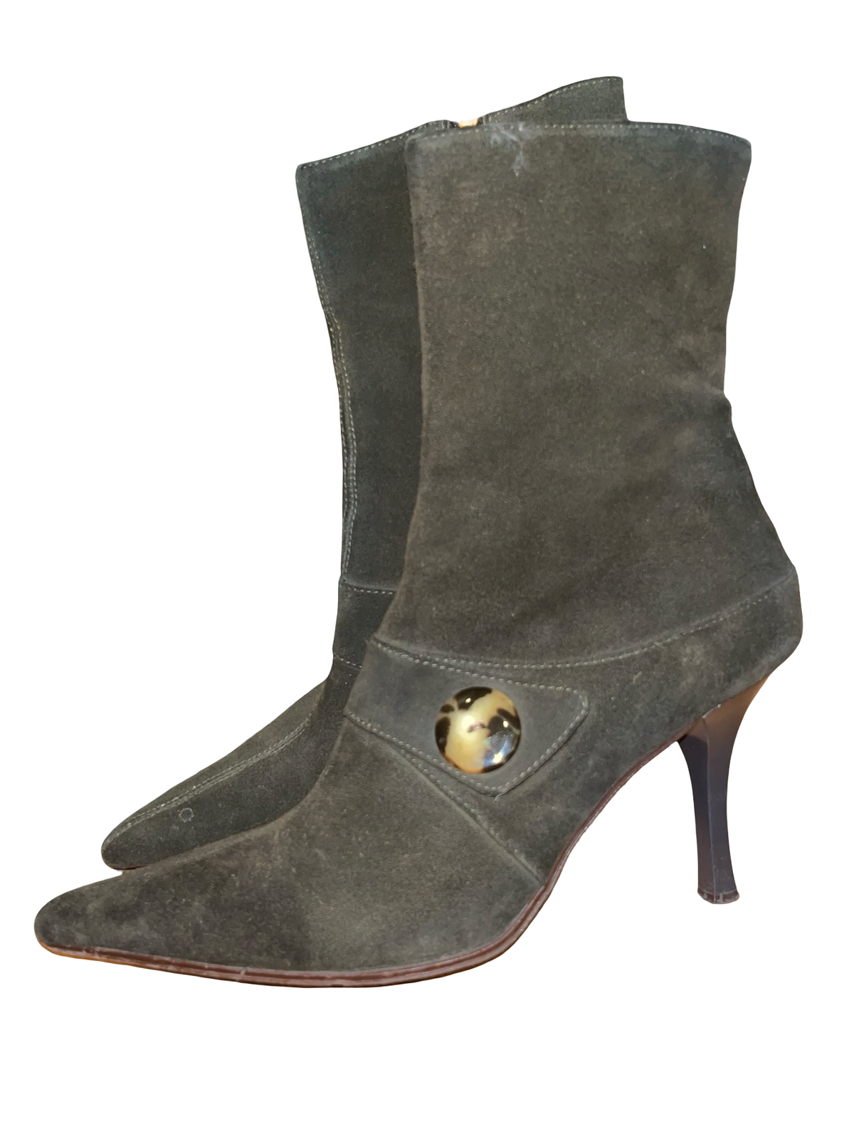 Vintage Y2K Olive Green Suede Stiletto Ankle Boots Size 6.5