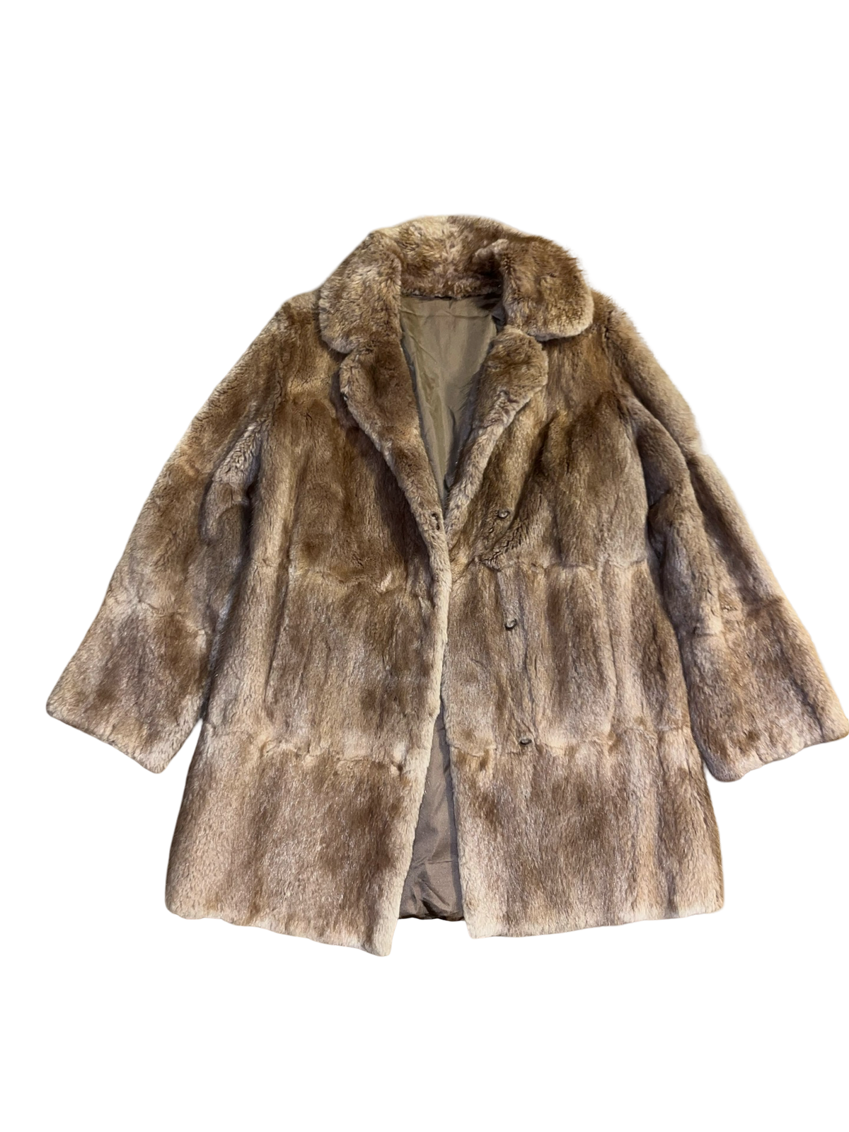 Vintage Real Fur Long Coat Brown Beige Belted 70s 80s