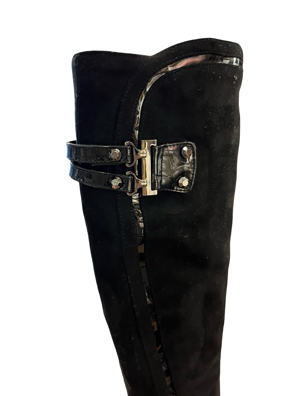 Y2K Black Knee High Heeled Boots Leopard Print uk5.5