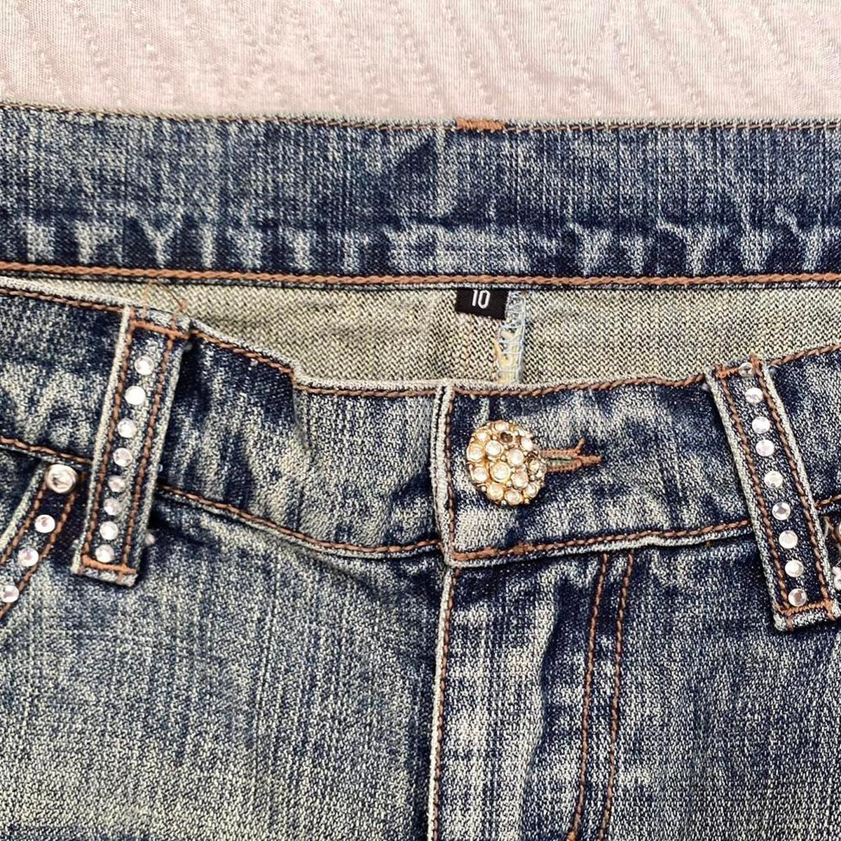 Blue diamanté distressed y2k denim mini skirt uk 10