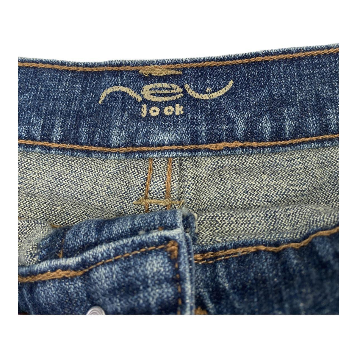 Blue y2k new look denim mini skirt with distressed patches uk14